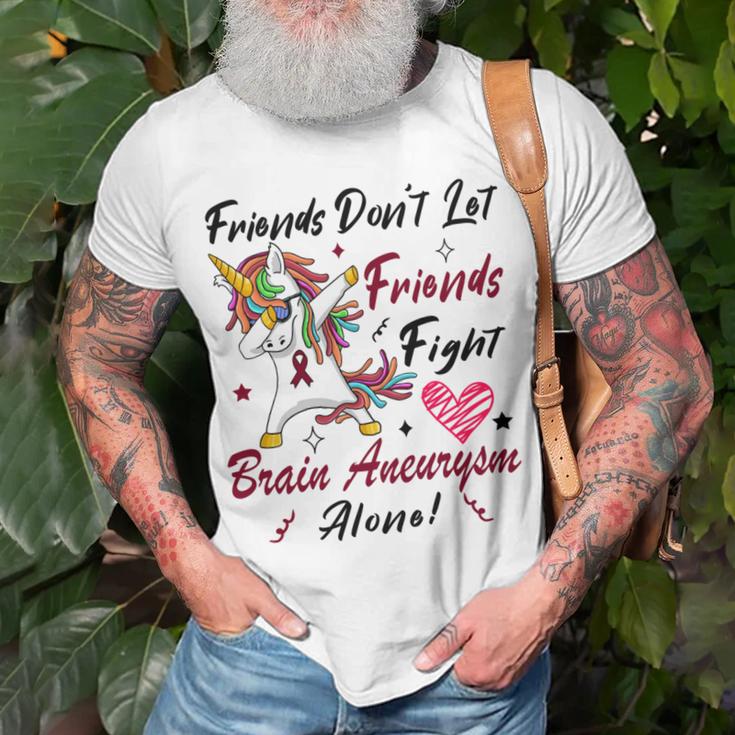 Friends Dont Let Friends Fight Brain Aneurysm Alone Unicorn Burgundy Ribbon Brain Aneurysm Bpd Brain Aneurysm Unisex T-Shirt Gifts for Old Men