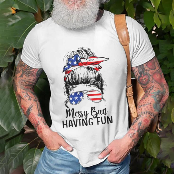 Funny Messy Bun Having Fun American Flag Merica 4Th Of July Unisex T-Shirt Gifts for Old Men