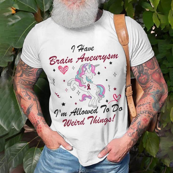 I Have Brain Aneurysm Im Allowed To Do Weird Things Unicorn Burgundy Ribbon Brain Aneurysm Bpd Brain Aneurysm Unisex T-Shirt Gifts for Old Men