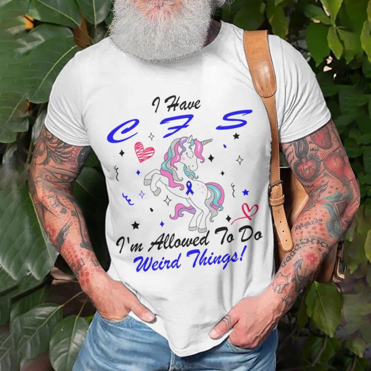 I Have Chronic Fatigue Syndrome Cfs Im Allowed To Do Weird Things Unicorn Blue Ribbon Chronic Fatigue Syndrome Support Cfs Awareness Unisex T-Shirt Gifts for Old Men