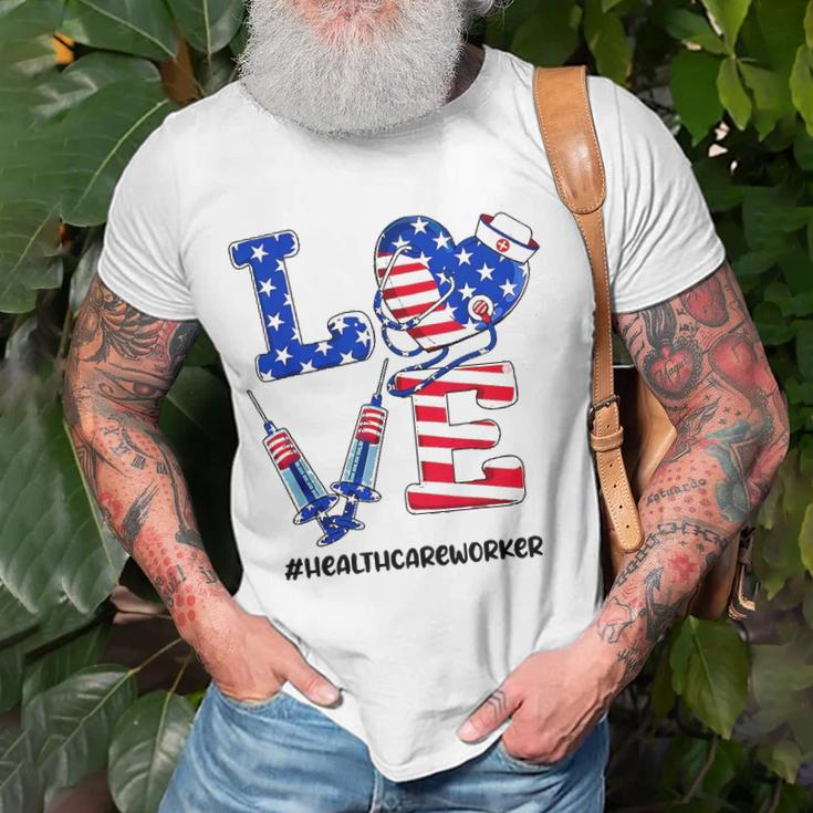 Love Healthcare Worker 4Th Of July American Flag Patriotic Unisex T-Shirt Gifts for Old Men