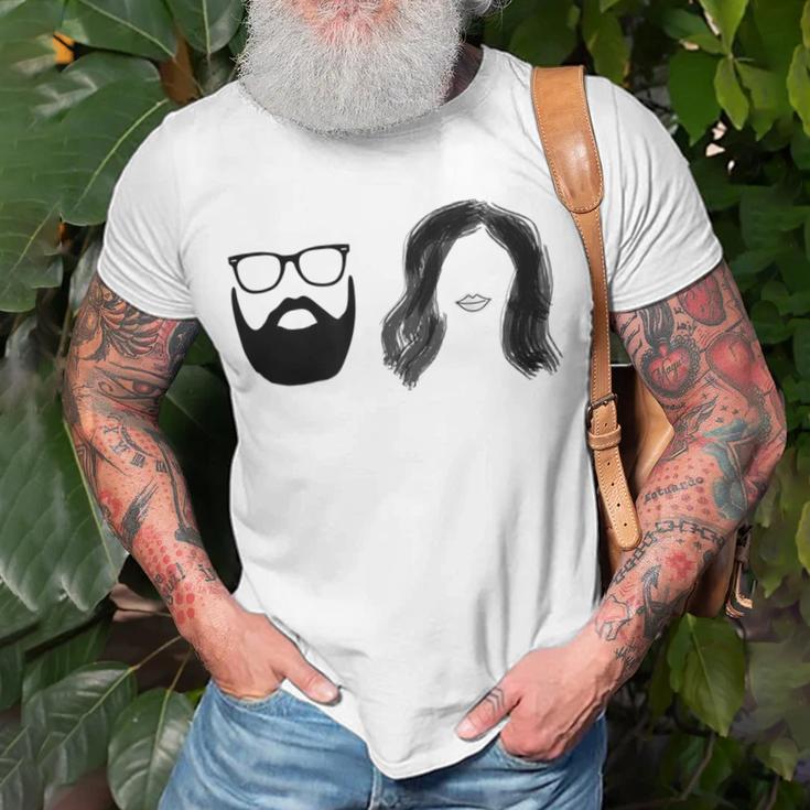 Man With Beard And Glasses With Woman Wavy Hair Unisex T-Shirt Gifts for Old Men