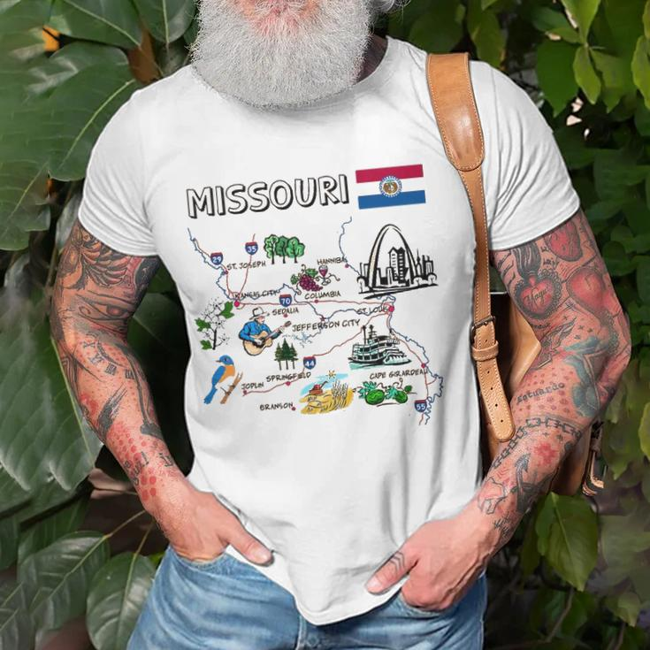 Map Of Missouri Landmarks Major Cities Roads Flag Unisex T-Shirt Gifts for Old Men