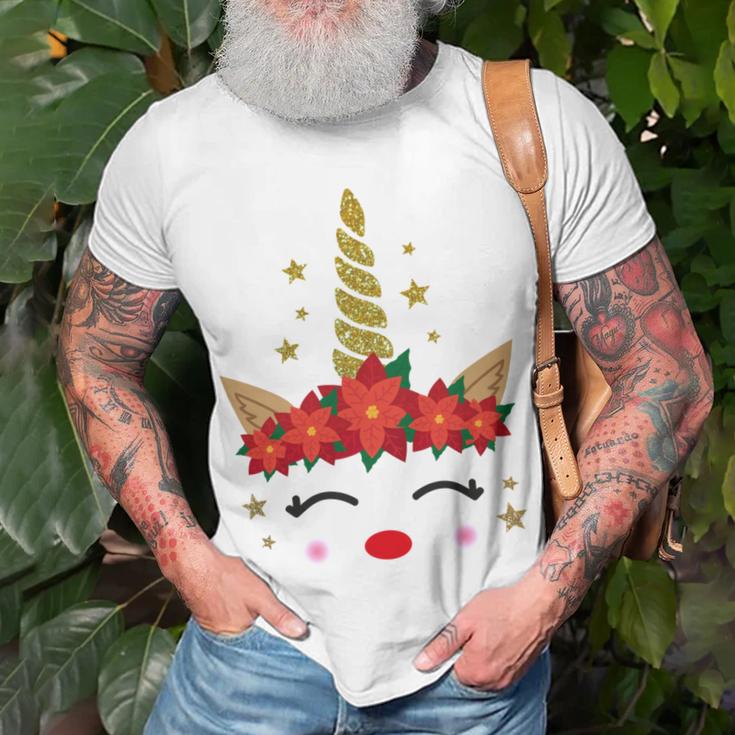 New Christmas Unicorn Face Santicorn Poinsettia Crown Cute Unisex T-Shirt Gifts for Old Men