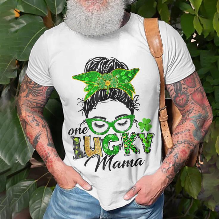 One Lucky Mama St Patricks Day Irish Shamrock Messy Bun Mom Unisex T-Shirt Gifts for Old Men