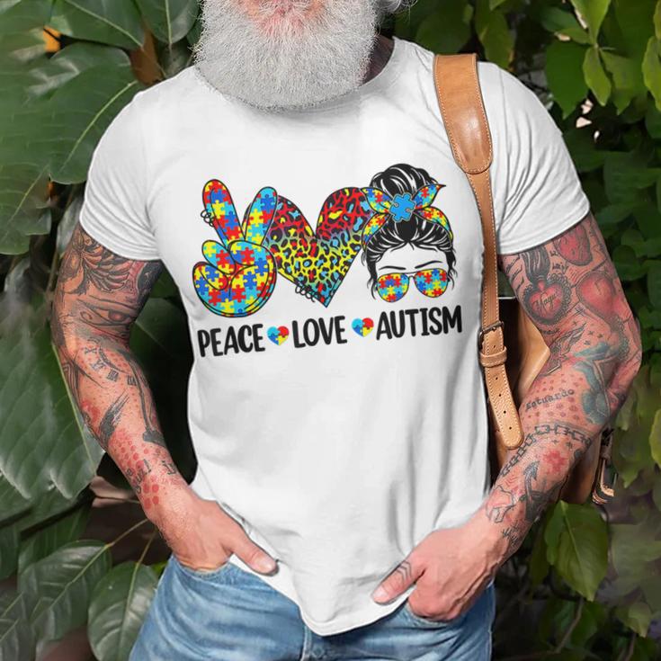 Peace Love Autism Mom Life Messy Bun Blue Autism Awareness Unisex T-Shirt Gifts for Old Men