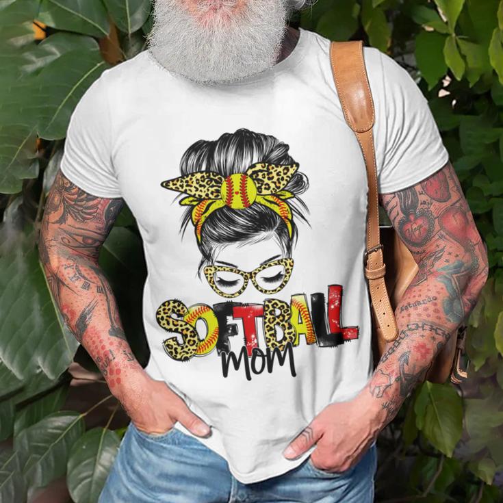 Softball Mom Leopard Messy Bun Ball Mom Mothers Day Unisex T-Shirt Gifts for Old Men