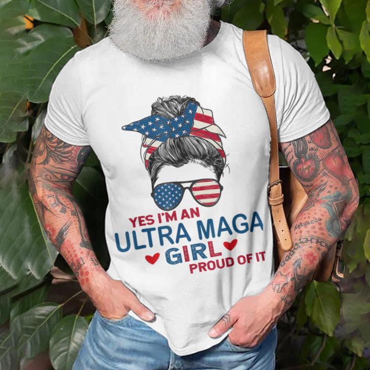 Yes Im An Ultra Maga Girl Proud Of It Usa Flag Messy Unisex T-Shirt Gifts for Old Men