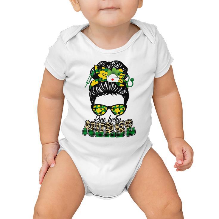 One Lucky Nurse Irish Leopard Messy Bun St Patricks Day Baby Onesie