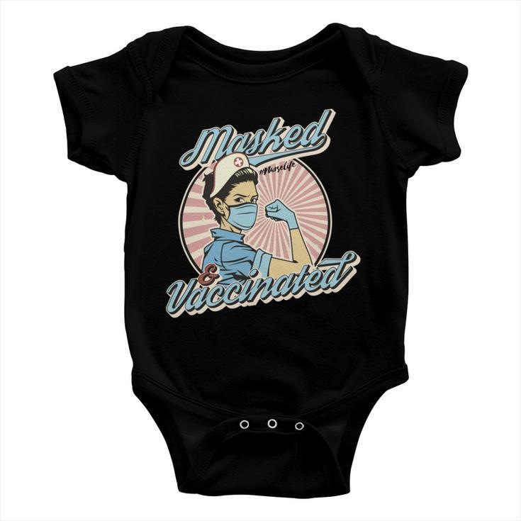 Masked And Vaccinated - Educated Vaccinated Caffeinated Dedicated Vintage Nurse Life Baby Onesie