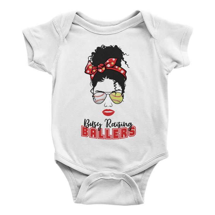 Baseball Busy Raising Ballers Momlife Mom Messy Bun Afro Mom Mothers Day Baby Onesie