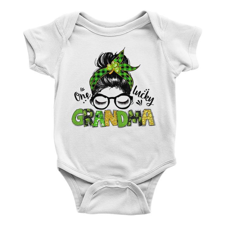 One Lucky Grandma Messy Bun Leopard St Patricks Day Baby Onesie