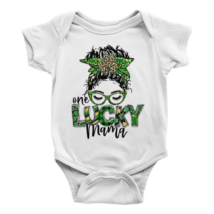 One Lucky Mama St Patricks Day Leopard Messy Bun Baby Onesie