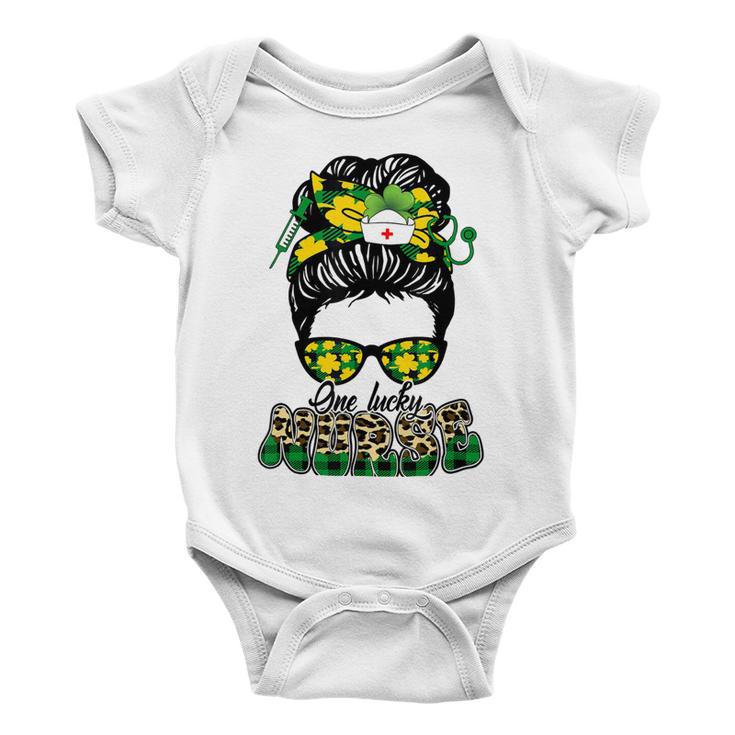 One Lucky Nurse Irish Leopard Messy Bun St Patricks Day Baby Onesie