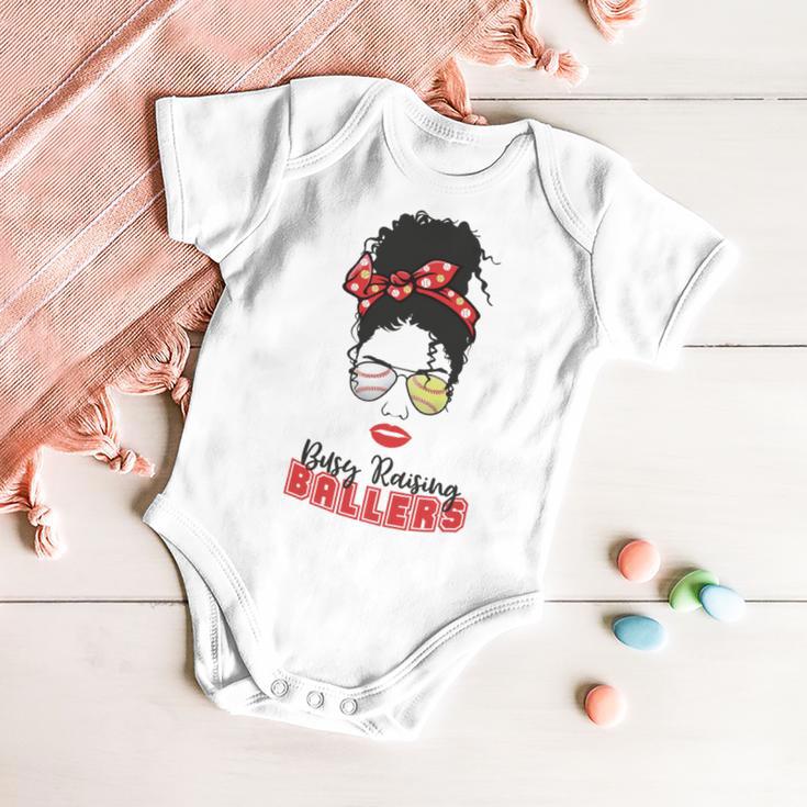 Baseball Busy Raising Ballers Momlife Mom Messy Bun Afro Mom Mothers Day Baby Onesie