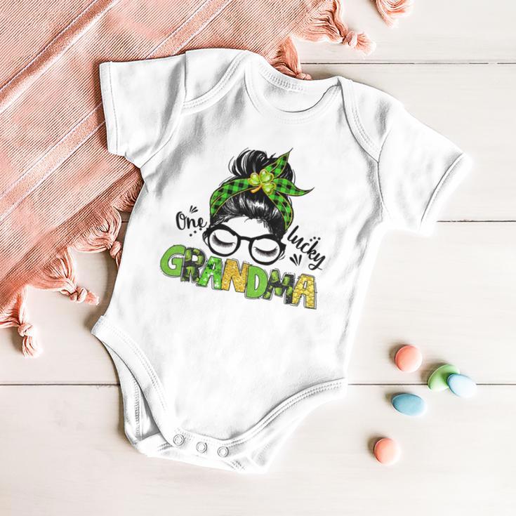 One Lucky Grandma Messy Bun Leopard St Patricks Day Baby Onesie