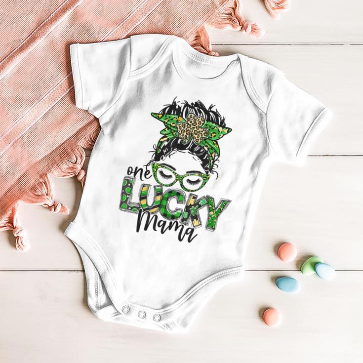 One Lucky Mama St Patricks Day Leopard Messy Bun Baby Onesie