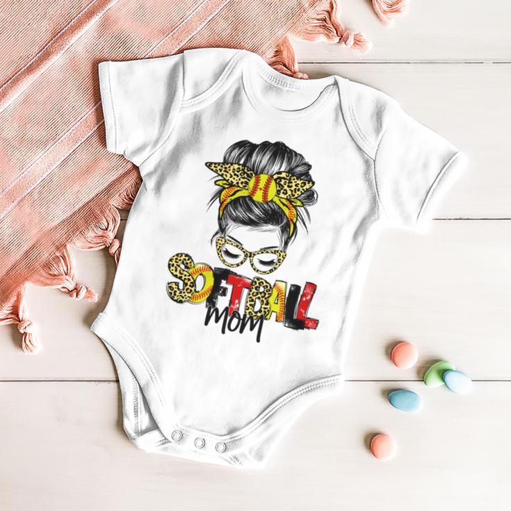 Softball Mom Leopard Messy Bun Ball Mom Mothers Day Baby Onesie