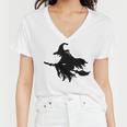 Halloween Scary Old Witch On Broom Art Design Pattern Women V-Neck T-Shirt