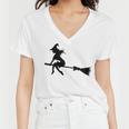 Halloween Young Scary Witch On Broom Pattern Women V-Neck T-Shirt