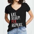 Eat Sleep Fly Repeat Aviation Pilot Funny Vintage Distressed Women V-Neck T-Shirt