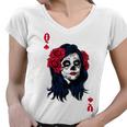 Halloween Sugar Skull With Red Floral Halloween Gift By Mesa Cute Women V-Neck T-Shirt