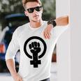 Feminist Raised Fist - Distressed Fitted Unisex Long Sleeve Gifts for Him