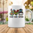 Peace Love Autism Mom Life Messy Bun Blue Autism Awareness Coffee Mug Funny Gifts