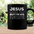 Womens Jesus Loves You But Im His Favorite Funny Christian V Neck Coffee Mug Gifts ideas