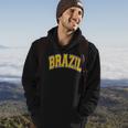Brazil Varsity Style Amber Text Hoodie Lifestyle