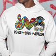 Peace Love Autism Mom Life Messy Bun Blue Autism Awareness Hoodie Funny Gifts