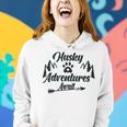 Husky Adventure Await Siberian Husky Adventures Hiking With Huskies Gift For Husky Lover V2 Women Hoodie Gifts for Her