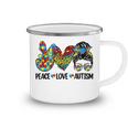 Peace Love Autism Mom Life Messy Bun Blue Autism Awareness Camping Mug