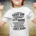 I Am A Lucky Son Because Im Raised By A Freaking Awesome Mom Shes A Bit Crazy And Scares Me Youth T-shirt