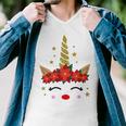 New Christmas Unicorn Face Santicorn Poinsettia Crown Cute Men V-Neck Tshirt