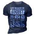 August 1963 Birthday Life Begins In August 1963 3D Print Casual Tshirt Navy Blue