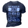 June 1963 Birthday Life Begins In June 1963 3D Print Casual Tshirt Navy Blue