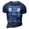 May 1963 Birthday Life Begins In May 1963 3D Print Casual Tshirt Navy Blue