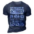 October 1963 Birthday Life Begins In October 1963 3D Print Casual Tshirt Navy Blue