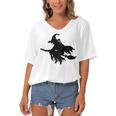 Halloween Scary Old Witch On Broom Art Design Pattern Women's Bat Sleeves V-Neck Blouse