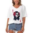 Halloween Sugar Skull With Red Floral Halloween Gift By Mesa Cute Women's Bat Sleeves V-Neck Blouse