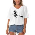 Halloween Young Scary Witch On Broom Pattern Women's Bat Sleeves V-Neck Blouse