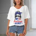 4Th Of July All American Aunt Messy Bun Patriotic Usa Flag Women's Bat Sleeves V-Neck Blouse