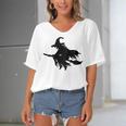 Halloween Scary Old Witch On Broom Art Design Pattern Women's Bat Sleeves V-Neck Blouse