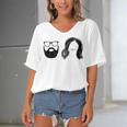 Man With Beard And Glasses With Woman Wavy Hair Women's Bat Sleeves V-Neck Blouse