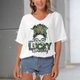 One Lucky Grammy St Patricks Day Messy Bun Leopard Women's Bat Sleeves V-Neck Blouse