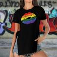 Womens Gay Kiss Rainbow Pride Flag Sexy Lips Proud Lgbt Q Ally Women's Short Sleeves T-shirt With Hem Split
