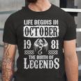 October 1981 Birthday Life Begins In October 1981 Unisex Jersey Short Sleeve Crewneck Tshirt