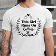 Official This Girl Runs On Caffeine And Sarcasm Unisex Jersey Short Sleeve Crewneck Tshirt