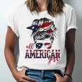 All American Girl Messy Hair Bun Woman Patriotic 4Th Of July Unisex Jersey Short Sleeve Crewneck Tshirt
